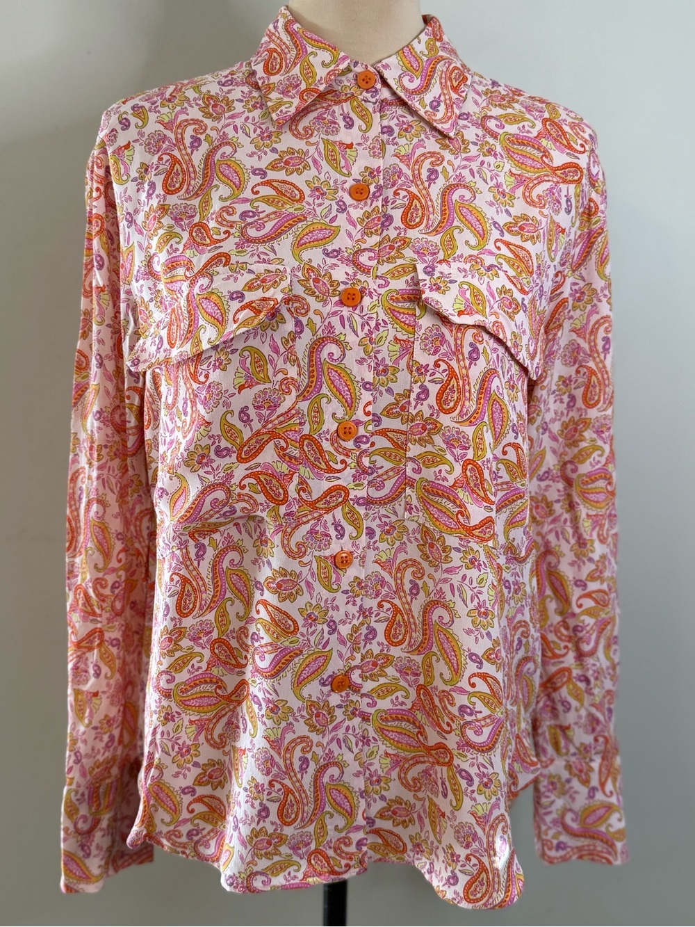 Zara paisley button up long sleeve top pink purple green SZ M